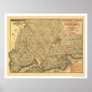Karta 1874 för Brooklyn stadsjärnväg Poster