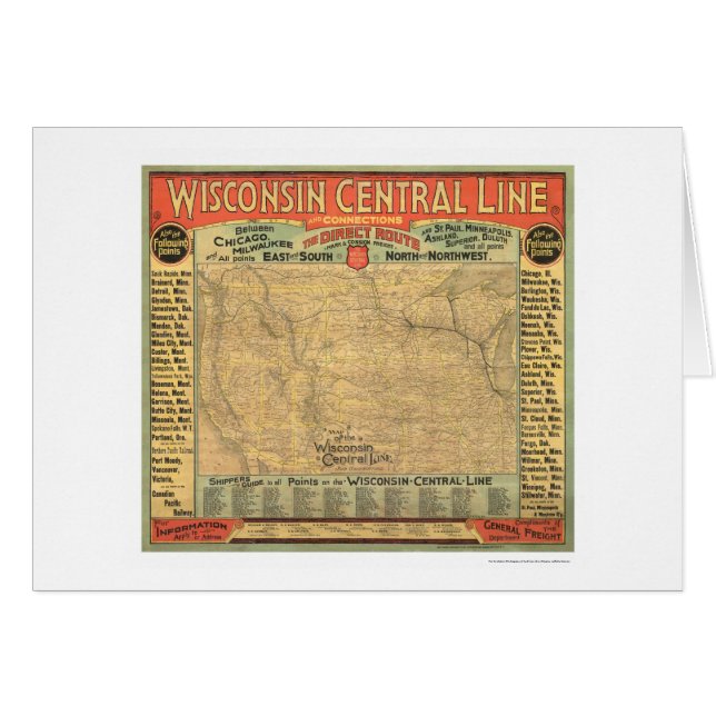Karta 1882 för Wisconsin centraljärnväg Hälsningskort (Framsidan Horizontal)