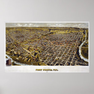 Karta 1891 av Fort Worth, TX-fågelöga beskådar Poster