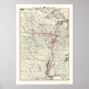 Karta 1892 för Illinois centraljärnväg Poster