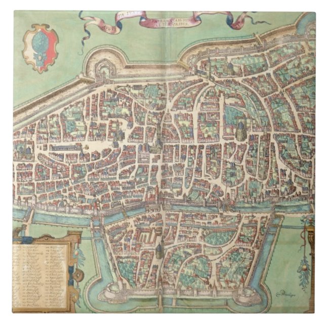 Karta av Augsburg, från "Civitates Orbis Terrarum" Kakelplatta (Framsidan)