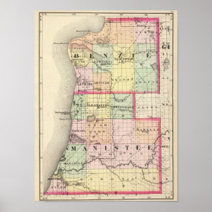 Karta av Benzie och Manistee län, Michigan Poster