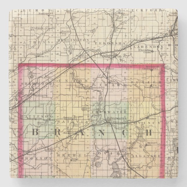 Karta av Branch County, Michigan Underlägg Sten (Framsidan)