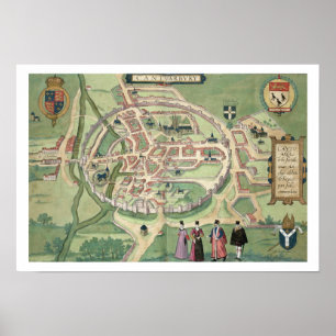 Karta av Canterbury, från 'Civitates Orbis Poster