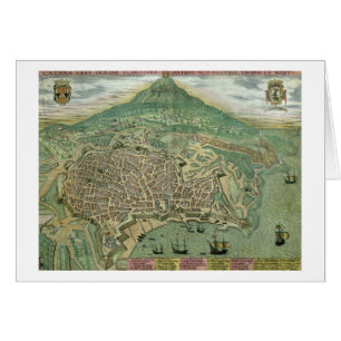Karta av Catania, från "Civitates Orbis Terrarum" Hälsningskort