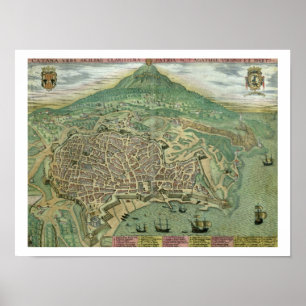 Karta av Catania, från "Civitates Orbis Terrarum" Poster