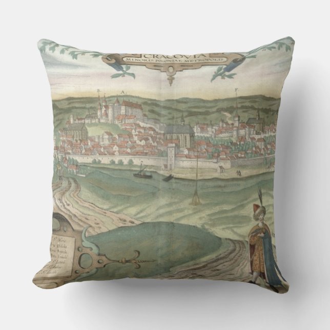 Karta av Cracow, från "Civitates Orbis Terrarum" Kudde (Framsida)