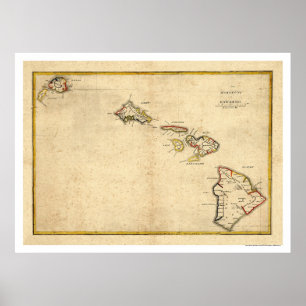 Karta av de hawaianska öarna vid Kalama 1837 Poster
