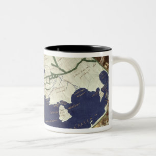Karta av den bekant världen, från 'Geographia Två-Tonad Mugg