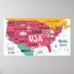 Karta av den gulliga klotterdesignen för USA Poster