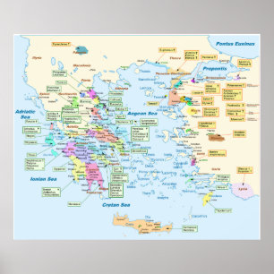 Karta av den Homeric eraen Grekland med engelska Poster