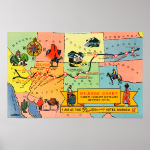 Karta av det Fred Harvey hotellet LocationsCA till Poster