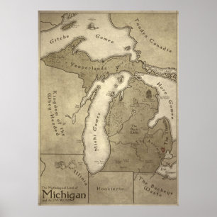 Karta av det Mythological landet av Michigan Poster