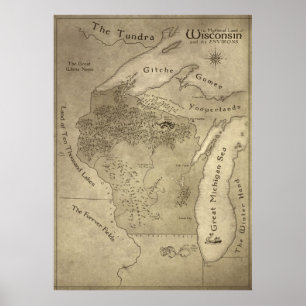 Karta av det mytiska landet av Wisconsin Poster