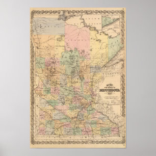 Karta av det statligt av Minnesota, 1874 Poster
