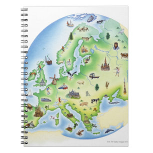 Karta av Europa med illustrationer av berömden Anteckningsbok