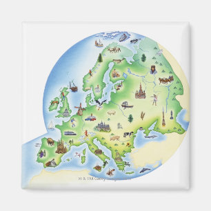 Karta av Europa med illustrationer av berömden Magnet