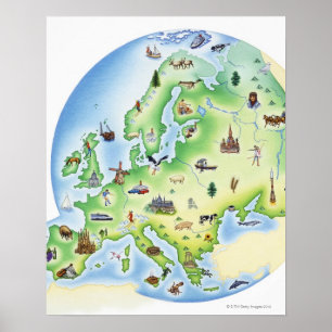 Karta av Europa med illustrationer av berömden Poster