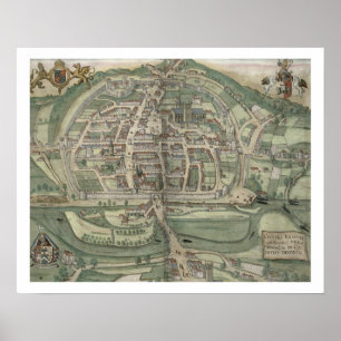 Karta av Exeter, från "Civitates Orbis Terrarum" Poster
