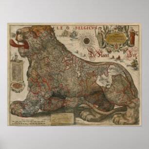 Karta av Holland och Belgien - 1630 Poster