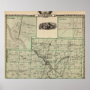 Karta av Kankakee County, Kankakee och Gilman Poster