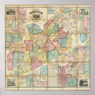Karta av länet av Norfolk, Massachusetts Poster