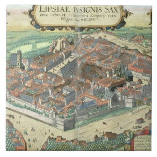 Karta av Leipzig, från "Civitates Orbis Terrarum" Kakelplatta