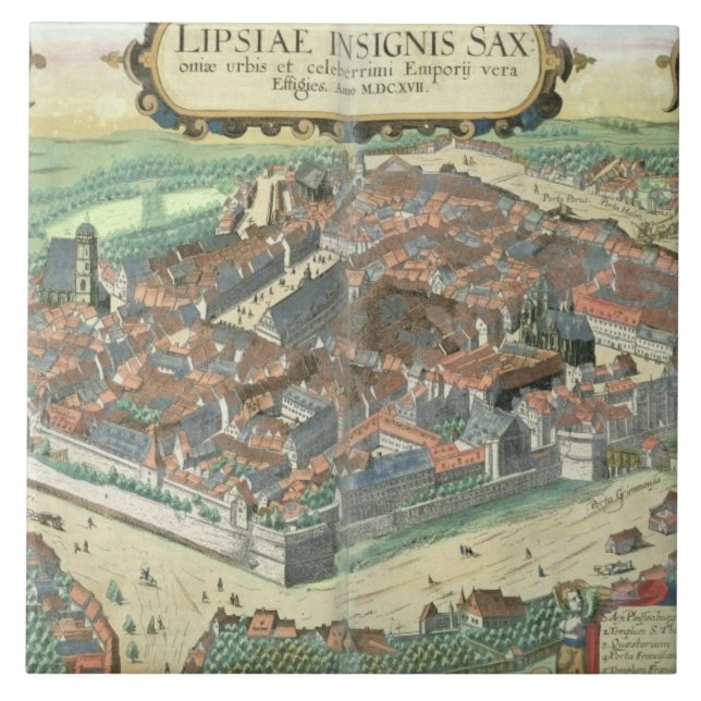 Karta av Leipzig, från "Civitates Orbis Terrarum" Kakelplatta (Framsidan)