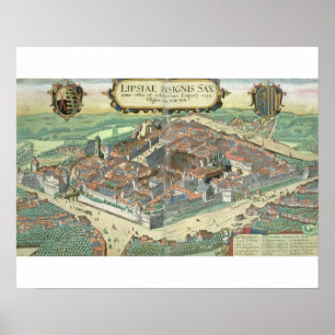 Karta av Leipzig, från "Civitates Orbis Terrarum" Poster