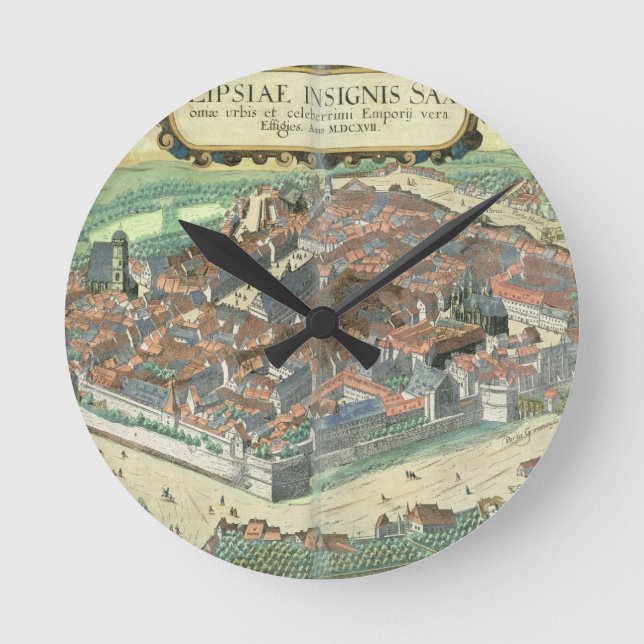 Karta av Leipzig, från "Civitates Orbis Terrarum" Rund Klocka (Framsida)