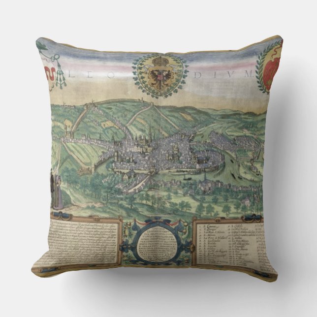 Karta av Liege, från "Civitates Orbis Terrarum" Kudde (Framsida)