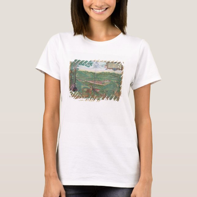 Karta av Linz, från "Civitates Orbis Terrarum" vid T-shirt (Framsida)