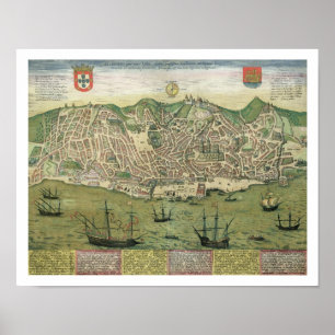 Karta av Lisbon, från "Civitates Orbis Terrarum" Poster
