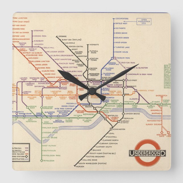 Karta av London underjordiska järnvägar Fyrkantig Klocka (Framsida)
