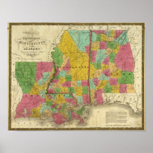 Karta av Louisiana, Mississippi och Alabama Poster