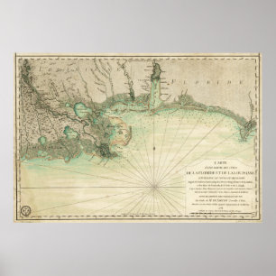 Karta av Louisiana och den Florida buktkusten Poster