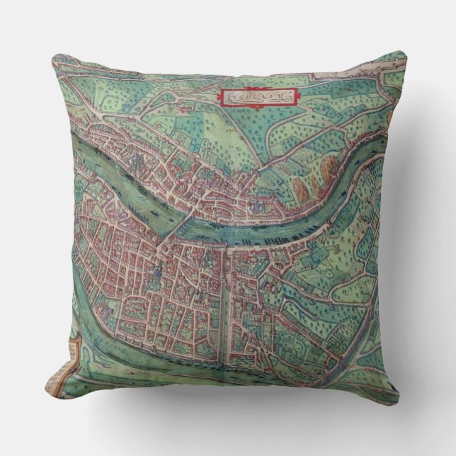 Karta av Lyon, från "Civitates Orbis Terrarum" vid Kudde (Framsida)