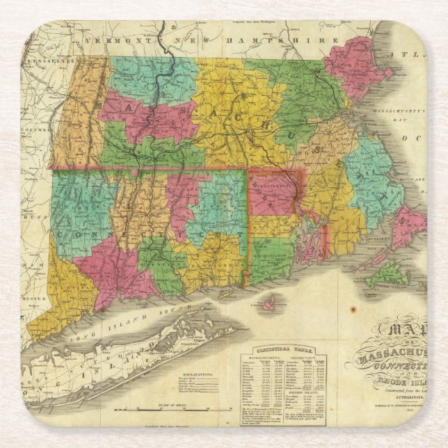 Karta av Massachusetts och Connecticut Underlägg Papper Kvadrat (Framsidan)