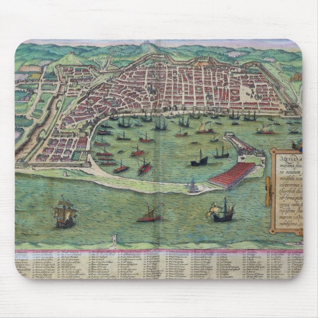 Karta av Messina, från "Civitates Orbis Terrarum" Musmatta (Framsidan)
