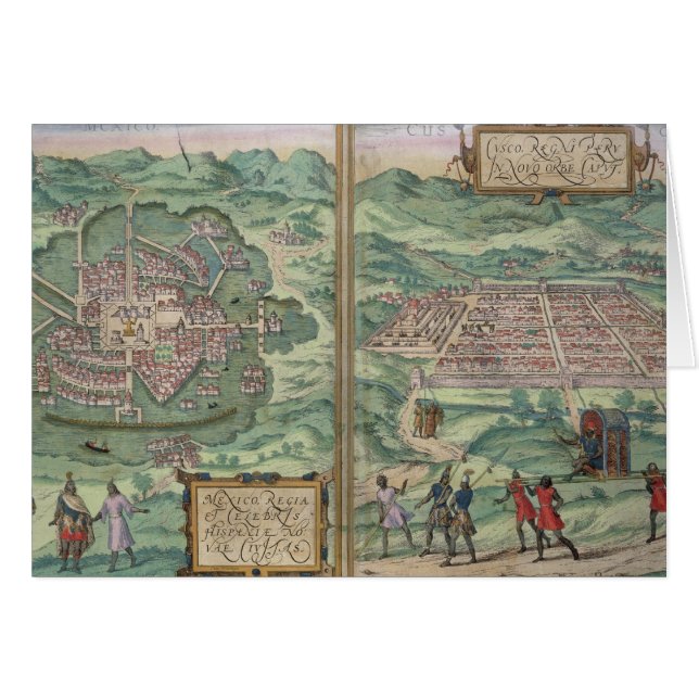 Karta av Mexico och Cuzco, från 'Civitates Orbis Hälsningskort (Framsidan Horizontal)