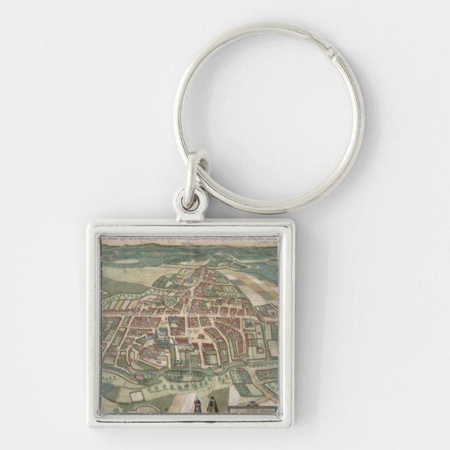 Karta av Odense, från "Civitates Orbis Terrarum" Fyrkantig Silverfärgad Nyckelring (Framsidan)