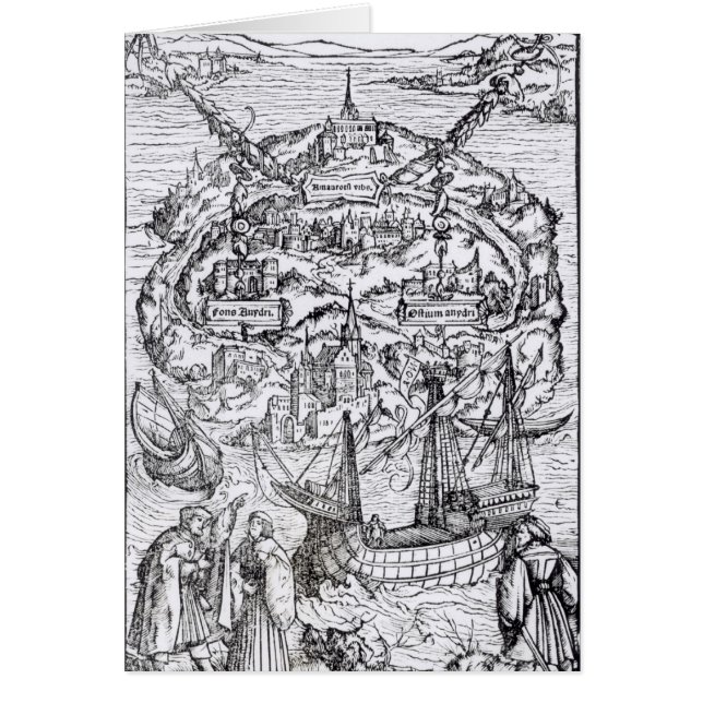 Karta av ön av Utopia, bokfrontispiece Hälsningskort (Framsidan)