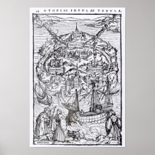 Karta av ön av Utopia, bokfrontispiece Poster