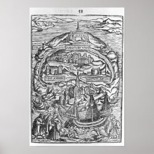 Karta av ön av Utopia, bokfrontispiece Poster