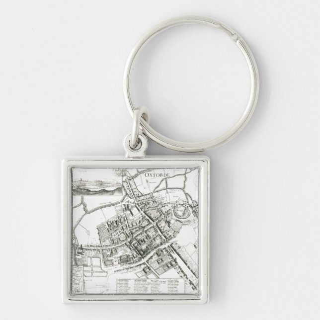 Karta av Oxford, 1643 Fyrkantig Silverfärgad Nyckelring (Framsidan)