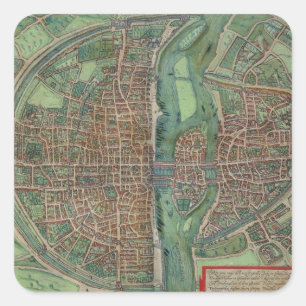 Karta av Paris, från "Civitates Orbis Terrarum" Fyrkantigt Klistermärke