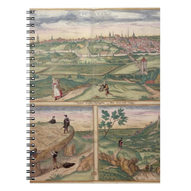 Karta av Poitiers, från "Civitates Orbis Terrarum" Anteckningsbok (Framsidan)