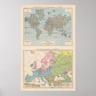 Karta av religioner i Europa Poster