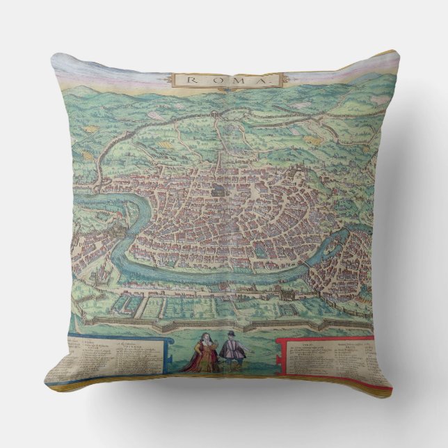 Karta av Rome, från "Civitates Orbis Terrarum" vid Kudde (Framsida)