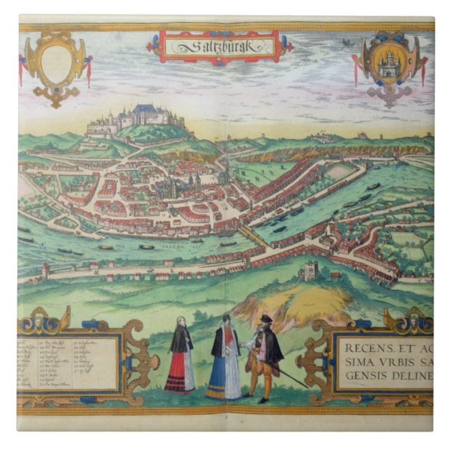 Karta av Salzburg, från "Civitates Orbis Terrarum" Kakelplatta (Framsidan)